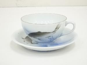 VINTAGE JAPANESE PORCELAIN FUKAGAWA CUP & SAUCER / FISH MOTIF 